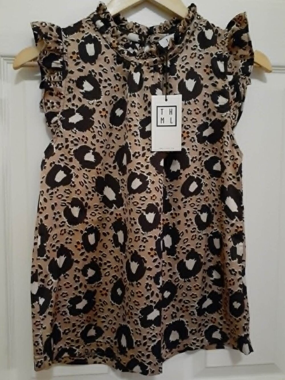 THML Anthropologie Women's Abstract Ruffle Front Crew Top